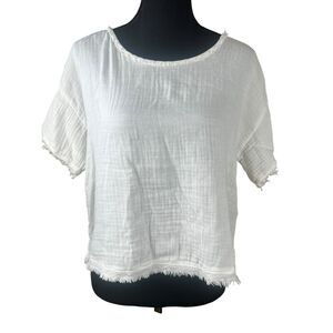 Eileen Fisher oversized XXS White Organic cropped frayed hem Minimalist blouse